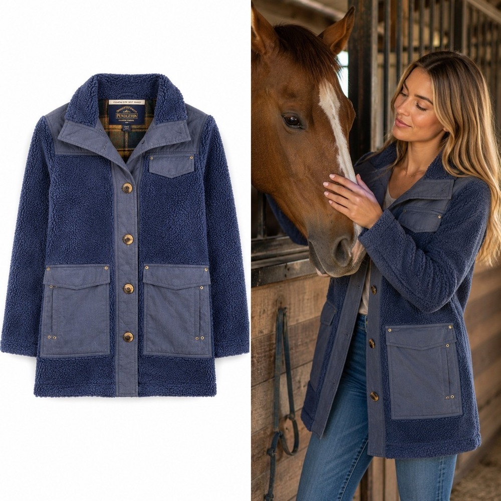 Pendleton Womens Barn Coat‎ S Dearborn Sherpa Fleece Blue Quilted Canvas Ranch